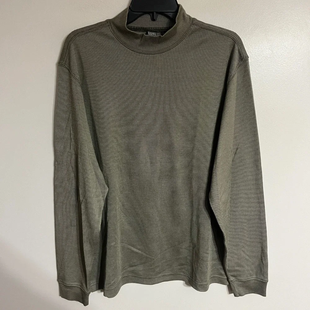 Saks Fifth Avenue Mens Silk Cotton Mock Neck Sweater Olive Green Ribbed Size M